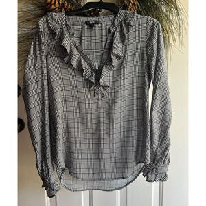 Paige Amalfi Houndstooth V-Neck Plaid checkered Long sleeve ruffled top/…